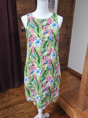 Tommy Bahama Pink Tropical💙💚💛 Print Dress with Green Leaves